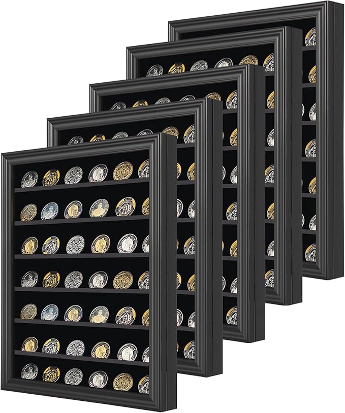 Jinchuan Military Challenge Coin Display Case 5 Pack Lockable Cabinet Rack Holder Shadow Box with Removable 2 Grooves Shelves and Acrylic Door for Casino Poker Chips Collectibles, Large - Black 5 Pack by Jinchuan