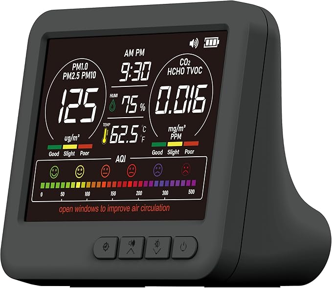 Professional Indoor Air Quality Monitor with 7X AQI Alarms,16 in 1 Portable Real-Time Detector for PM2.5 | PM10 | CO2 | TVOC | HCHO | Temp | Hum for Home Cars Plants Pets (Black) by AirQualityMonitor
