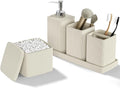 Beige Bathroom Accessories Set 5 Pieces, Resin Toothbrush Holders Set Complete with Soap Dispenser, Toothbrush Holder, Vanity Tray, Bathroom Tumbler and Qtip Holder for Small Spaces by LetUsMakeHomeYourFavoriteDestination