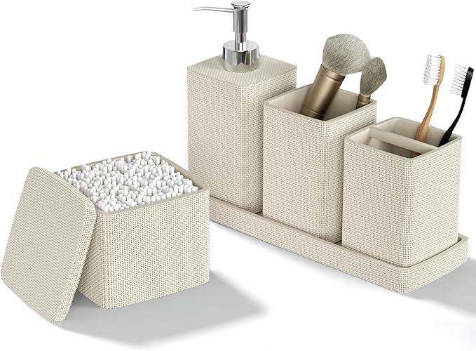 Beige Bathroom Accessories Set 5 Pieces, Resin Toothbrush Holders Set Complete with Soap Dispenser, Toothbrush Holder, Vanity Tray, Bathroom Tumbler and Qtip Holder for Small Spaces by LetUsMakeHomeYourFavoriteDestination