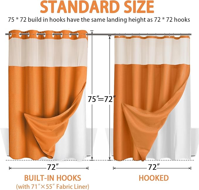 No Hook Shower Curtain and Liner Set,Orange Hotel Waffle Shower Curtain with Liner 75" L x 72" W - Image 6