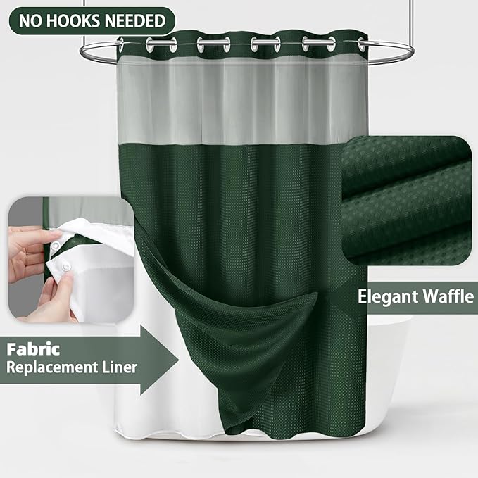 No Hook Shower Curtain and Liner Set,Dark Green Hotel Waffle Shower Curtain with Liner 75" L x 72" W - Image 3