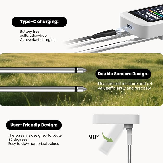 6-in-1 Soil Moisture Meter - 2026 Digital Soil Tester Kit with pH, Nutrient, Sunlight, Temperature & Humidity | Multi-Function Tester for Garden,Lawn and Indoor Plants | Factory-Permanent Calibration - Image 3