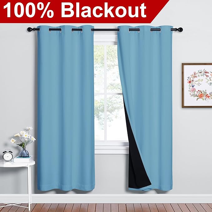 NICETOWN Teal Blue Full Shade Curtain Panels, 37" Wide x 70" Long, Teal Blue, Pair of Thermal Insulated & Energy Efficiency Blackout Drapes for Living Room, Lined Silky Performance Window Dressing - Image 2