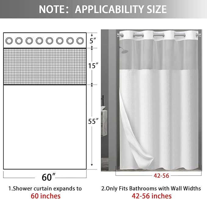 No Hook Shower Curtain and Liner Set,White Hotel Waffle Shower Curtain with Liner 75" L x 60" W - Image 6