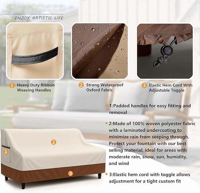 Waterproof Patio Loveseat Cover, 78.7W x 38.2D x 35H inches Heavy Duty 600D Weather-Resistant Outdoor Furniture Protector Beige and Brown - Image 5