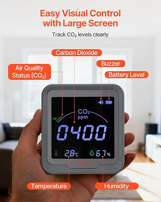 VEVOR Carbon Dioxide Monitor, CO2 Controller with Temperature and Humidity Display, NDIR Sensor, Carbon Dioxide Detector for Bedside, Home, Office, Car, Lightweight & Portable - Image 6