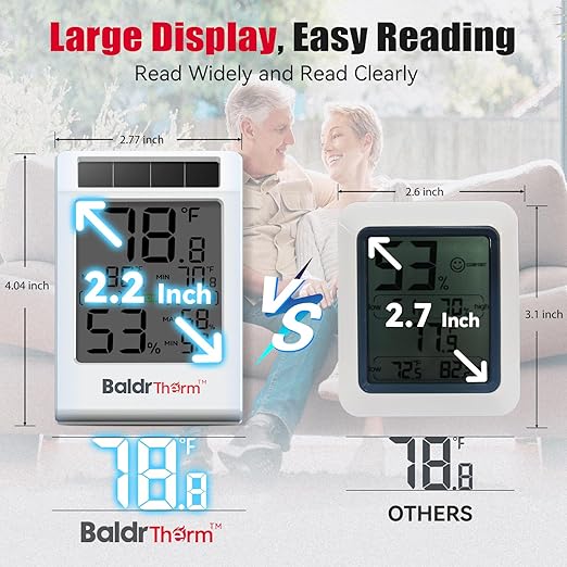 BaldrTherm Room Thermometer Indoor Humidity Meter Solar Powered with Max/Min Memory & Comfort Indicator - 3.2" Large Display for Home, White, 3Pack - Image 8