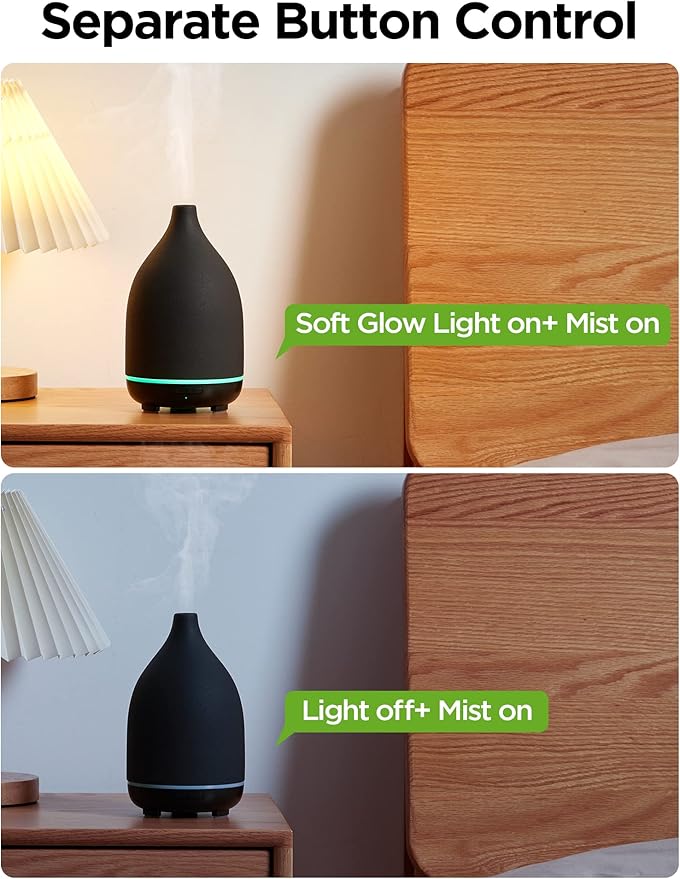 InnoGear Oil Diffuser, 150ML Ceramic Diffuser for Essential Oils Handcrafted Aromatherapy Diffuser Ultrasonic Cool Mist Humidifier with 2 Mist Modes Waterless Auto Off for Room Office, Black - Image 4