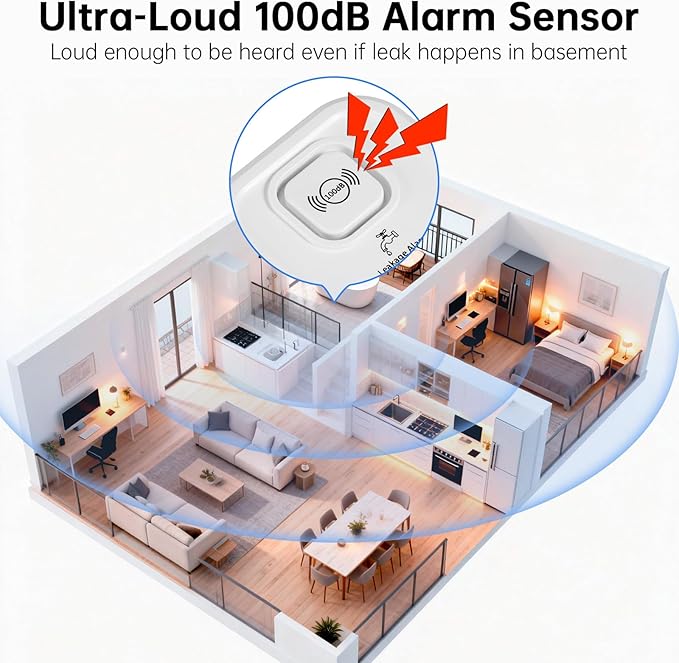 100dB Water Sensor Alarm Water Leak Detector, with Detection Lines, Wireless Tank Level Monitor for Basement,Kitchen,Bathroom (5packs) - Image 7