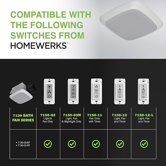 Homewerks Worldwide 7130-04-BT Bathroom Fan Bluetooth Speaker, Ceiling Mount Exhaust Ventilation 1.5 Sones 70 CFM, White - Image 5