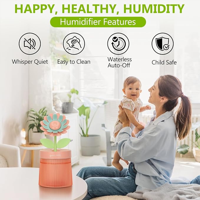Cute Flower Mini Humidifier, 260ml Sunflower Portable Small Humidifier, Desktop Humidifiers Cool Mist Humidification for Home, Bedroom, Baby Nursery, Office & Indoor Plants, USB Powered (Pink) - Image 2