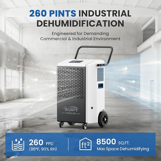 Commercial Dehumidifier with Pump, 260 Pints Industrial Dehumidifier for Basements, Industrial or Commercial Spaces, and Flood Restoration up to 8,500 Sq Ft with Auto Defrost - Image 2