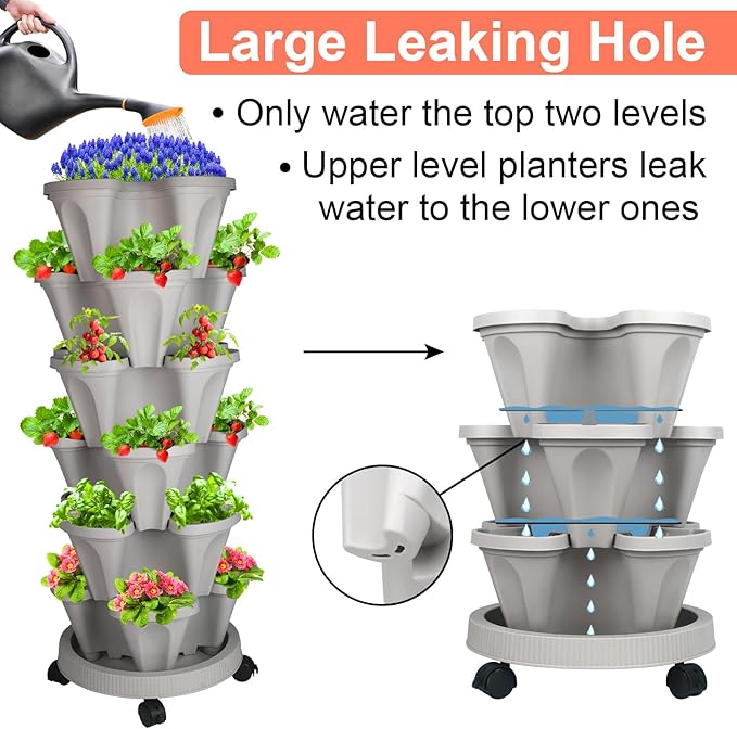 GameXcel Vertical Planter 6 Tier Stackable Planters Garden Planters Strawberry Herb Flower and Vegetable Planter Indoor Outdoor Gardening Pots with Removable Wheels and Tools - Image 3