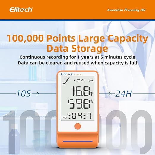 Elitech 100Pack GSP-6 Bluetooth Data Logger Temperature Humidity for Refrigerator with Shadow Data 100000 Points Export PDF/CSV Report, Pharmacy Vaccine DDL Certificate, MAX MIN with Dual Probe - Image 4