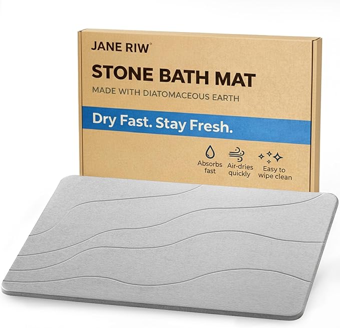 Stone Bath Mat for Shower Exit, Quick-Dry Diatomaceous Earth, New Apartment Essential & Housewarming Gift, 23.5" x 15.5" Light Gray-Wave by JANERIW
