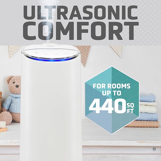 PureGuardian Ultrasonic Cool Mist Humidifier, 100 Hrs. Run Time, 1.5 Gallon Tank, 440 Sq. Ft. Coverage, Medium Rooms, Quiet, Filter Free, Essential Oil Tray, White, H3200WAR - Image 4