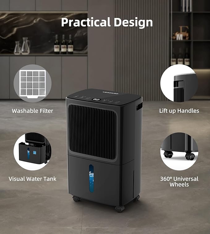 2500 Sq.Ft Dehumidifiers for Home with Drain Hose Max 34 Pints, VEAGASO Dehumidifier for Basement, Bathroom, Bedroom, Three Modes, Intelligent Humidity Control, Dry Clothes, 24HR Timer (BLACK) - Image 5