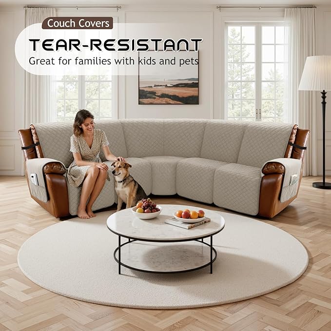 Arfntevss Waterproof Recliner Sectional Couch Covers for Reclining Sectional L Shape Sofa Cover Non Slip Washable Recliner L Shaped Slipcover Sets for Dog Furniture Protector (5 Seater, Light Khaki) - Image 6
