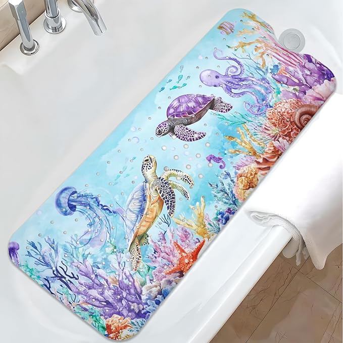 Ocean Animals Bathtub Mat Non Slip, Sea Turtle Baby Bath Mat for Tub Rubber Tub Mat, Cute Toddler Kids Bath Mats for Bathroom Anti Slip Shower Mat with Suction and Drain Holes Machine Washable,40″x16″ by Unknown