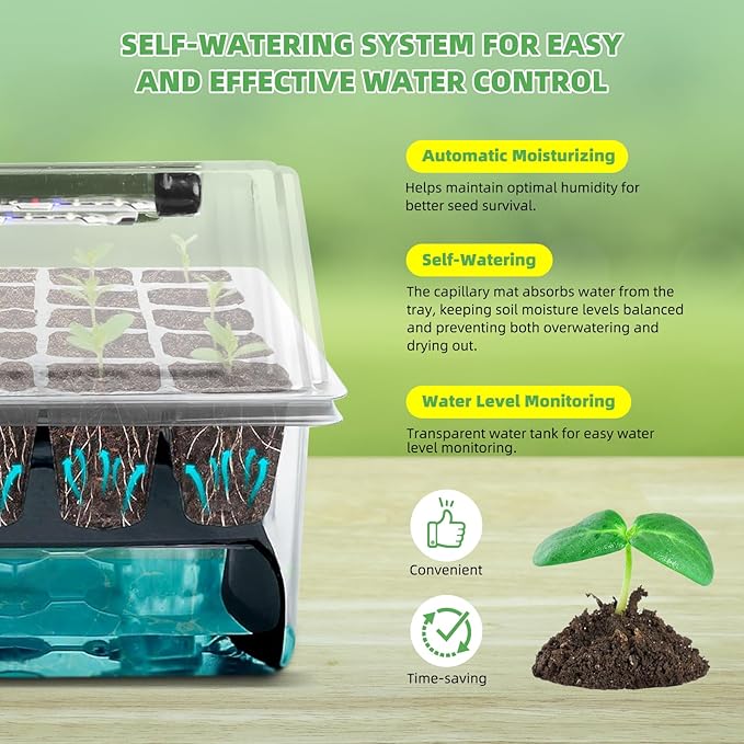 120-Cell Self-Watering Seed Starter Tray with Grow Light, 1–24H Timer, Humidity Dome, Soil pH Meter, Gloves, Seedling Tools – Indoor Seed Starting Kit for Plant Germination, Herbs, Vegetables, Flowers - Image 3