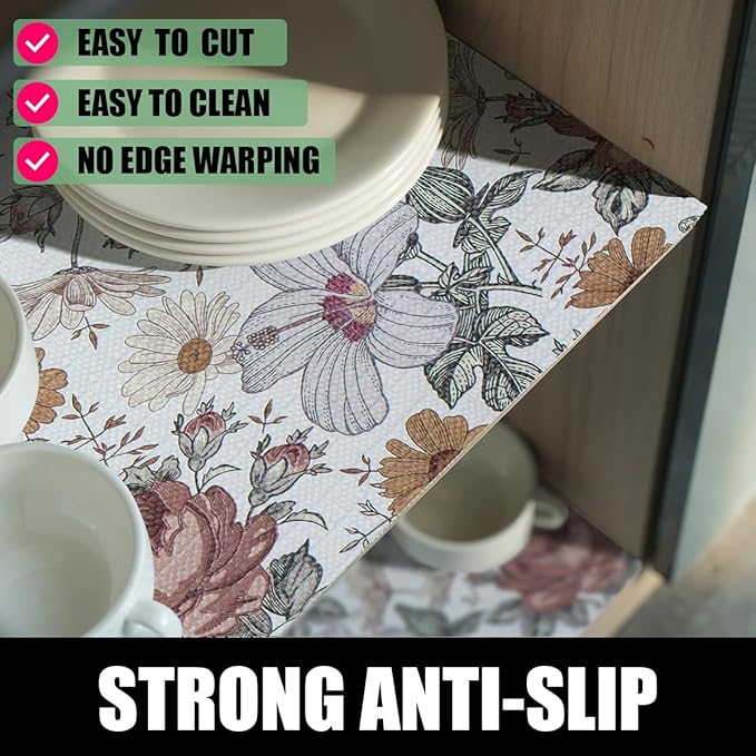 Floral Drawer Shelf Liners, 12IN x 20FT Non Adhesive and Strong Non-Slip Cabinet Drawer Shelf Liners for Kitchen Wire Fridge, Waterproof Shelf Liner,Easy to Clean - Image 2