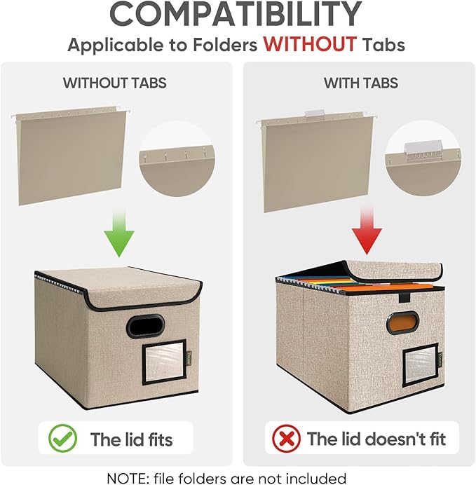 BALEINE File Organizer Box with Lid, Collapsible File Folder Organizer with Plastic Slide, Hanging File Folder Box for Office Document Storage (2 Pack, Beige) - Image 5