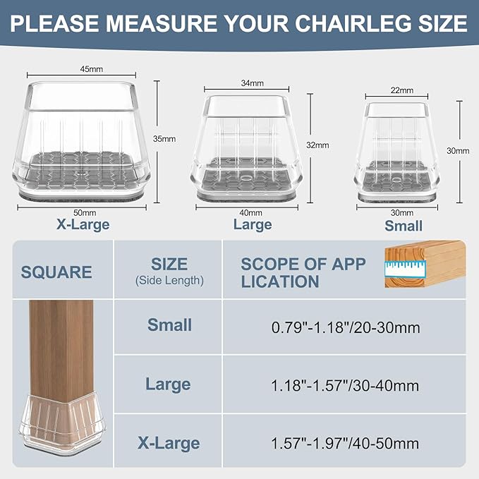 24PCS Square Chair Leg Floor Protectors for Hardwood Floors, Thicken Rubber Chair Leg Cap Covers, Non Slip Furniture Leg Pads to Protect Wood Tile Floors from Scratches and Reduce Noise - Image 3