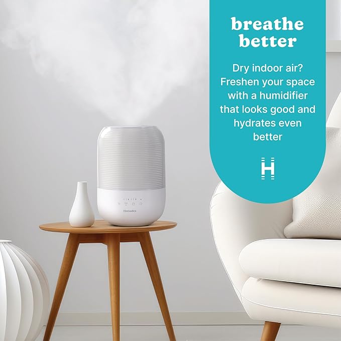 Homedics Ultrasonic Cool Mist Humidifier, Top-Fill 3L Water Tank, Covers 395 sq. ft, 35-Hour Runtime, 3 Mist Settings, Clean Tank Tech, Auto-Off, Night Light, Quiet - Image 2