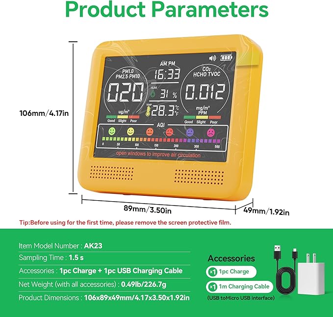 16-in-1 Indoor Air Quality Monitor with PM1.0,PM2.5,PM10,CO2,HCHO,TVOC,Temperature,Humidity,Time Display &7 AQI Alarms – Professional Air Quality Tester for Home, Office & Indoor Use (Bright Yellow) - Image 8