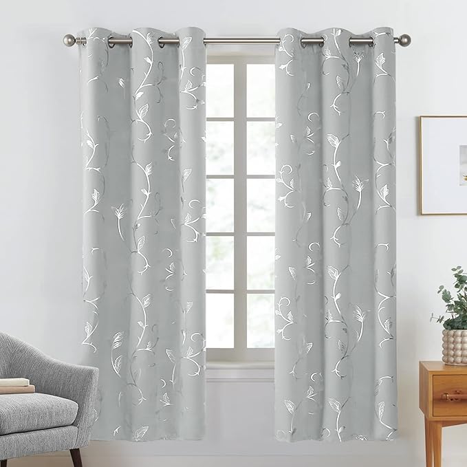 BUHUA Silver Grey Blackout Curtain 2 Panel Set Vine Foil Print Thermal Insulated Drapes Room Darkening Curtains Grommet Window Treatment, 38 x 72 Inch, Silver Grey - Image 2
