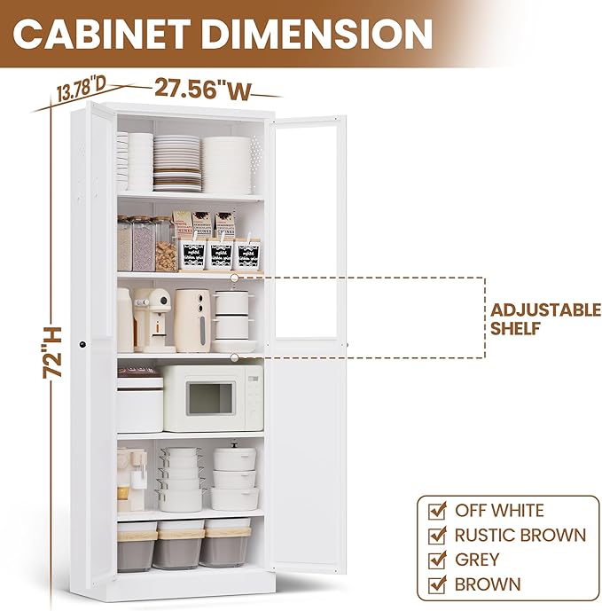 Metal Pantry Cabinet with Doors and 5 Adjustable Shelves, 72" Tall Kitchen Cupboard Storage Cabinets for Kitchen Dining Room Living Room Bathroom,Assembly Required (White) - Image 2