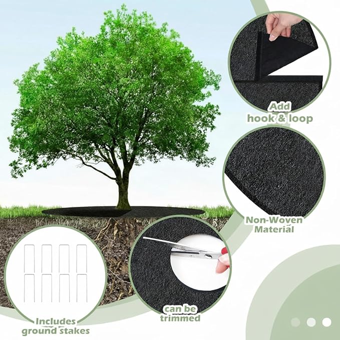 Tegeme 4 Pack 24.5 Inch Non Woven Tree Mulch Ring with Self Adhesive and 8 Ground Pins, Degradable Tree Protector Mat Reusable Weed Barrier Mat for Gardening Landscaping Weed Control Root Protection - Image 3