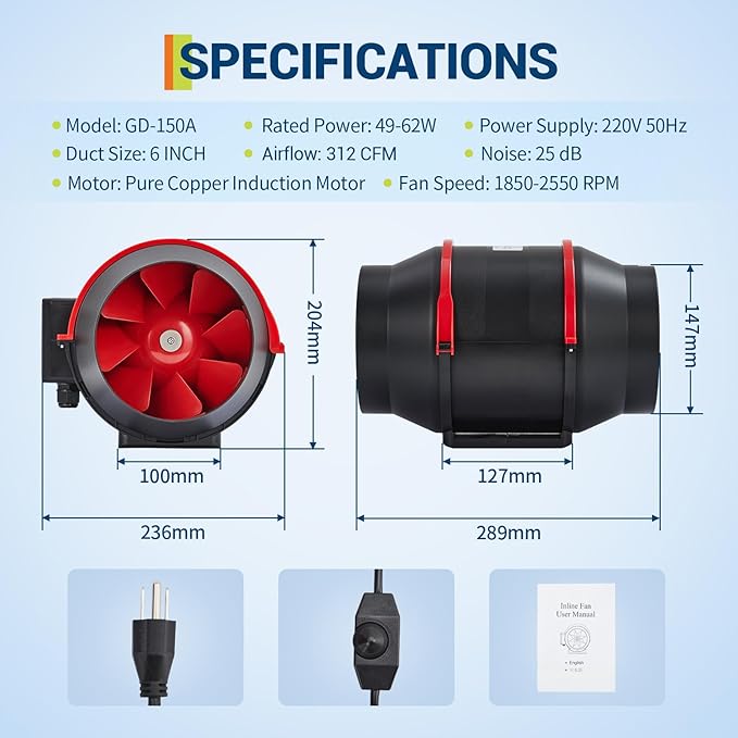 Garvee 6 in Inline Duct Fan, 312 CFM High Airflow Exhaust Fan with Variable Speed Controller, Quiet AC-Motor Inline Fan for Home Ventilation, Hydroponics Cooling, Grow Tents - Image 7