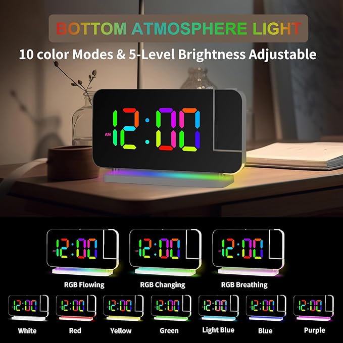 Projection Alarm Clock for Bedroom Ceiling,RGB Digital Clocks with 10 Colors RGB Night Light,Loud Alarm Clock for Heavy Sleepers,USB C Charger Port,Snooze,12/24H,Auto Dimming - Image 4