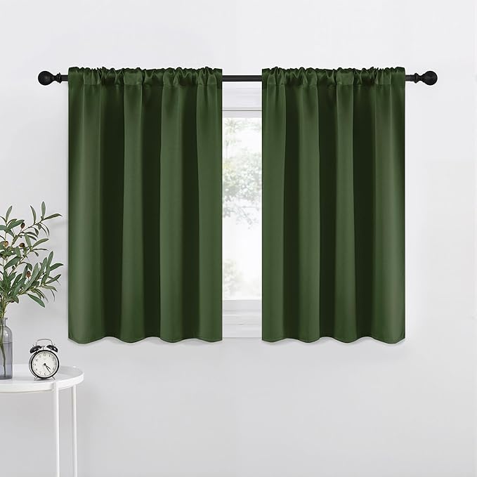NICETOWN Dark Green Blackout Cafe Satin Curtains for Small Windows, 42" Wide by 36" Long, 2 Panels, Rod Pocket Noise Reducing Faux Silk Blackout Drapes for Cupboard by NICETOWN