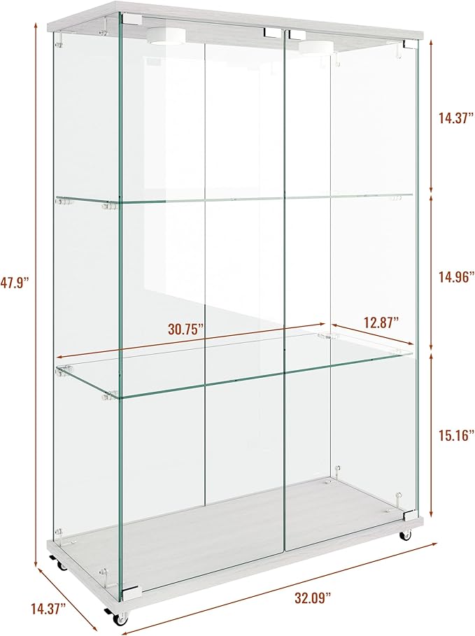 Yoluckea 3-Shelf Glass Display Cabinet with LED Lights, 2-Door Floor Standing Curio Cabinet with Universal Wheel for Home or Office, White Glass Bookshelf for Collections, Decor, and Corner Display - Image 2