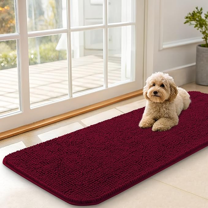 OLANLY Dog Door Mat for Muddy Paws 47x17, Absorbs Moisture and Dirt, Absorbent Non-Slip Washable Doormat, Quick Dry Chenille Mud Mat for Dogs, Entry Indoor Entryway Carpet for Inside Floor, Burgundy by OLANLY