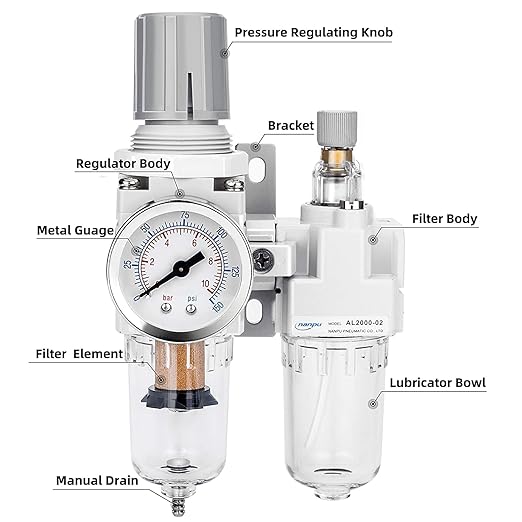 NANPU 1/4" NPT Compressed Air Filter Regulator Lubricator Combo, Water/Oil Trap Separator - Gauge(0-150 psi), Poly Bowl, Semi-Auto Drain, Bracket - Image 2