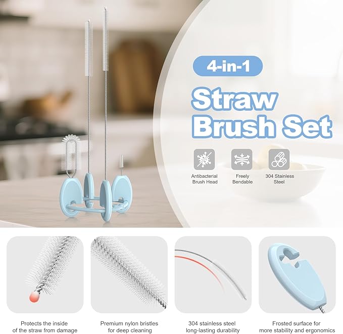 YOTIME Standing Straw Cleaner Brush Set, 4in1 Reusable Straw Brushes with Holder Ring, for Wide and Narrow Straws, Tumblers, Water Bottles and Cups, Blue - Image 3