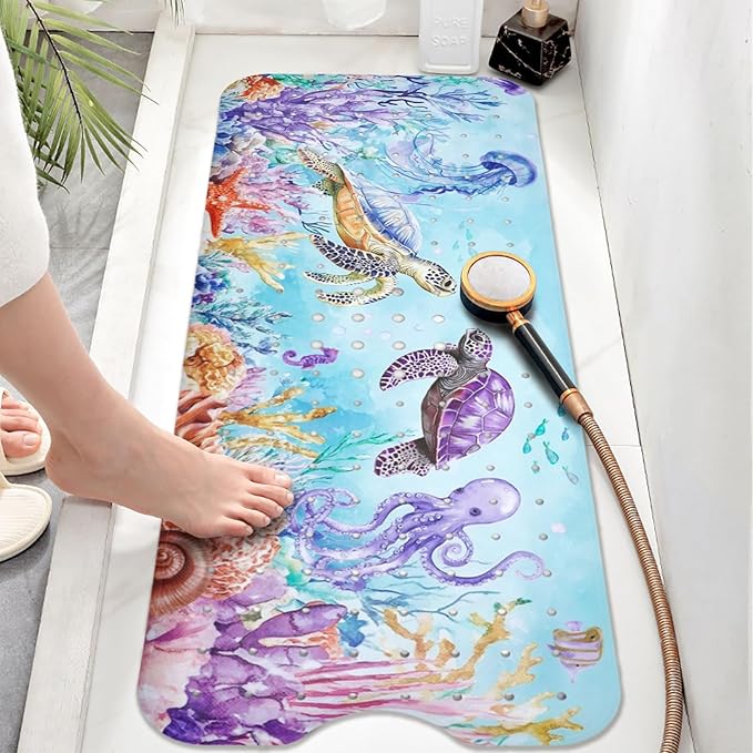 Ocean Animals Bathtub Mat Non Slip, Sea Turtle Baby Bath Mat for Tub Rubber Tub Mat, Cute Toddler Kids Bath Mats for Bathroom Anti Slip Shower Mat with Suction and Drain Holes Machine Washable,40″x16″ - Image 2