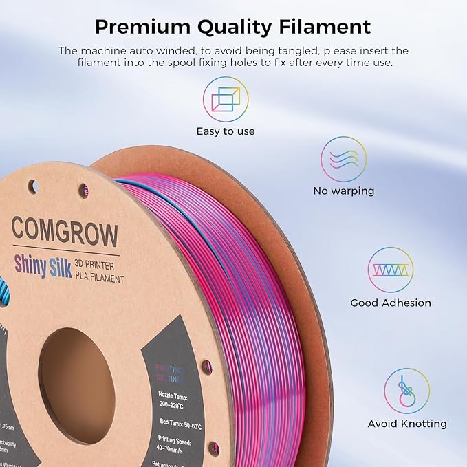 Comgrow Silk Shiny Rainbow Multi-Color 3D Printer Filament, Comgrow 3D Printing Materials Silk PLA 1.75mm, 3D Printing Filament +/-0.02mm, 250g X 4 Spool - Image 3