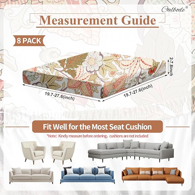 8Pcs High Elastic Digitally Printed Sofa Seat Cushion Cover, Soft & Comfortable Reusable Floral Print Stretch Couch Cushion Slipcover for Outdoor Furniture Protector Replacement(Cover Only - Image 2