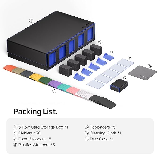 Trading Card Storage Box 5-Row 3900+ Capacity,TCG MTG Card Case with Magnetic Lid & Commander Display,Top Loader Storage for Sports Cards,Includes Dividers Dice Box（Black＆Blue） - Image 7