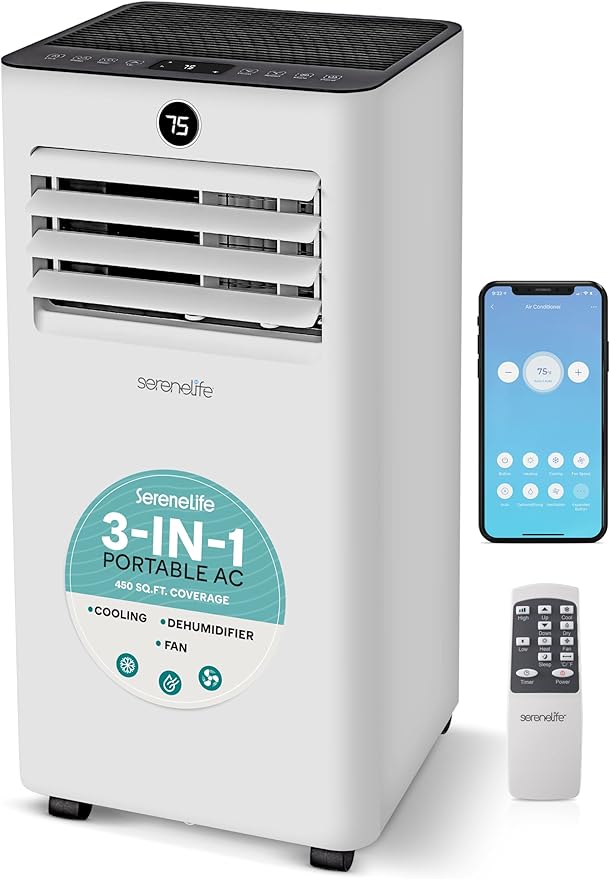 SereneLife 10,000 BTU Portable Air Conditioner with WiFi Control, 3-in-1 Cooling, Dehumidifier & Fan, Compact Indoor AC Unit for 450 Sq. Ft. Coverage, Includes Window Exhaust Kit & Remote by SereneLife