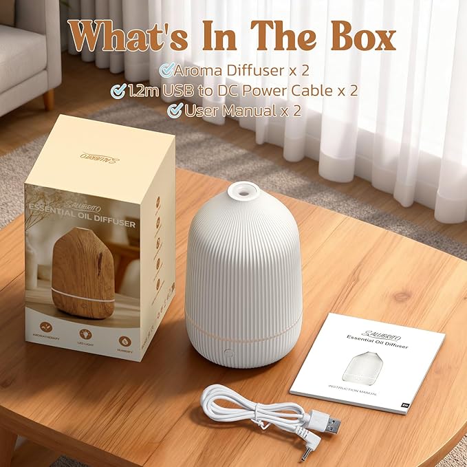 Essential Oil Diffuser, 2Pack, 100ml Aromatherapy Diffuser, Mini Ultrasonic Diffuser for Essential Oil, Home, Office, Cool Mist Humidifier with 7 Led Light, Auto Shut-Off, White - Image 8