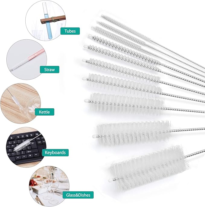 CiaraQ Bottle Cleaning Brushes, 8 Inch Nylon Tube Brush Set, Cleaner for Narrow Neck Bottles Cups with Hook, Set of 10pcs. - Image 2