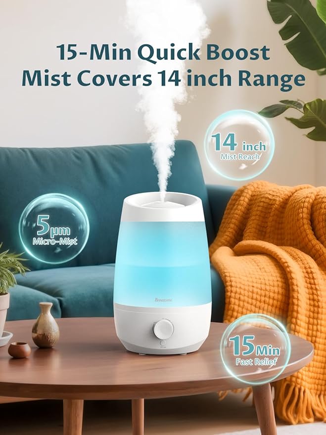 BREEZOME Humidifiers for Bedroom, 2.5L Humidifiers for home, 250ml/h Mist Output, 25hrs Essential Oil Diffuser, Auto Shut-Off, 25dB Ultra-Quiet Operation for Nurseries and Indoor Plants, White - Image 3
