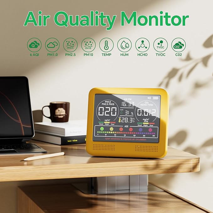 16-in-1 Indoor Air Quality Monitor with PM1.0,PM2.5,PM10,CO2,HCHO,TVOC,Temperature,Humidity,Time Display &7 AQI Alarms – Professional Air Quality Tester for Home, Office & Indoor Use (Bright Yellow) - Image 2