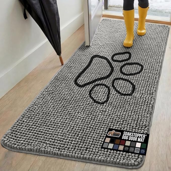 GORILLA GRIP SOAKSTOPPER Dog Door Mat, 70x24 Machine Washable Rug Absorbent Doormat Captures Moisture Mud Dirt, Quick Dry Soft Chenille Entryway Rugs Indoor Entrance Mats for Dog Paws, Grey by GorillaGrip